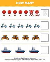 formazione scolastica gioco per bambini contare Come molti carino cartone animato Palloncino scooter carrozza corazzata e Scrivi il numero nel il scatola stampabile mezzi di trasporto foglio di lavoro vettore