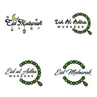 contento eid mubarak mano lettera tipografia saluto swirly spazzola carattere tipografico imballare di 4 saluti con splendente stelle e Luna vettore