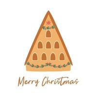 Natale Casa isolato su bianca. inverno Pan di zenzero Casa. cartone animato contento nuovo anno città costruzione. allegro Natale striscione. carino saluto carta. inverno città paesaggio elemento. vettore illustrazione.