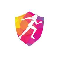 donne fitness corridore club logo design. in esecuzione donne logo design. salutare correre logo concetto vettore