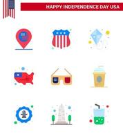 Stati Uniti d'America contento indipendenza pictogram impostato di 9 semplice appartamenti di Stati Uniti d'America bicchieri estate occhiali da sole unito modificabile Stati Uniti d'America giorno vettore design elementi