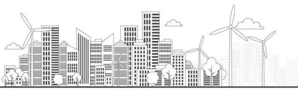 vettore città, cittadina e nazione paesaggio illustrazione nel magro linea stile. isolato grafico elementi alberi, vento turbine, nuvole. vettore schema illustrazione.