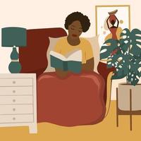 africano americano ragazza lettura un' libro. femminile quotidiano vita e ogni giorno routine scena di giovane donna nel casa interno con homeplants vettore