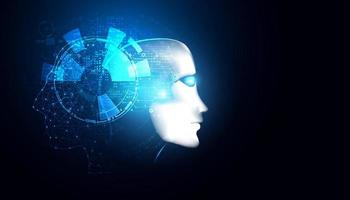 astratto viso tecnologia ai artificiale intelligenza nel Due futuristico, moderno disegni maglia attrezzo e digitale Linee. su un' moderno blu sfondo vettore