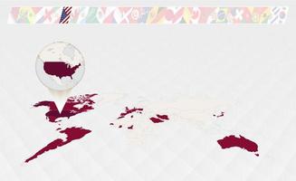 Ingrandire il carta geografica di Stati Uniti d'America selezionato su il prospettiva mondo carta geografica, infografica di il partecipanti nel calcio torneo. vettore