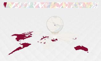 Ingrandire il carta geografica di Qatar selezionato su il prospettiva mondo carta geografica, infografica di il partecipanti nel calcio torneo. vettore