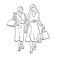 linea arte pieno lunghezza di Due donne con shopping borse illustrazione vettore mano disegnato isolato su bianca sfondo