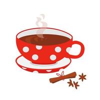 un' grande rosso e bianca polka punto tazza di caldo bevanda su un' piattino volontà mantenere voi accogliente e caldo nel più freddo volte. vettore illustrazione per autunno e inverno o freddo stagione design nel un' decorativo cartone animato stile