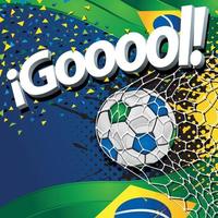 parola goooool Il prossimo per un' calcio palla punteggio un' obbiettivo contro un' sfondo di brasiliano bandiere e verde, blu, e giallo coriandoli. vettore Immagine