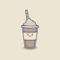 contento carino cioccolato frappè nel porta via tazza con frusta crema guarnizione illustrazione. frappé caffè nel plastica tazza illustrazione portafortuna emoji personaggio vettore