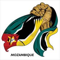 pugno mano Tenere mozambicano bandiera. vettore illustrazione di sollevato mano afferrando bandiera. bandiera drappeggio in giro mano. scalabile eps formato