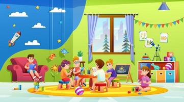 bambini giocando insieme nel scuola materna aula cartone animato illustrazione vettore