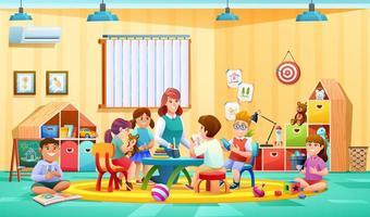 insegnante e bambini attività nel scuola materna aula vettore illustrazione