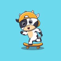 carino mucca che gioca a skateboard cartone animato vettore