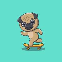 carino carlino cane giocando skateboard cartone animato vettore