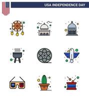 Stati Uniti d'America contento indipendenza pictogram impostato di 9 semplice piatto pieno Linee di giocare cucinare bianca bbq Stati Uniti d'America modificabile Stati Uniti d'America giorno vettore design elementi