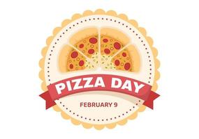 nazionale Pizza giorno su celebrazione febbraio 9 di consumando vario fetta nel piatto cartone animato stile sfondo mano disegnato modelli illustrazione vettore