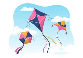 nazionale aquilone volante giorno su febbraio 8 di soleggiato cielo sfondo nel bambini estate tempo libero attività nel piatto cartone animato mano disegnato modelli illustrazione