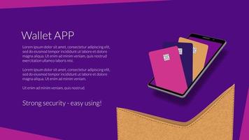 portafoglio elettronico mobile applicazione. tutti credito carte nel mobile elettronico portafoglio su il smartphone. modello per un' sito web o striscione. vettore eps10.