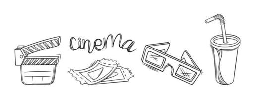 cinema film, bicchieri e bibita schizzo. cinema impostato nel scarabocchio stile. vettore illustrazione