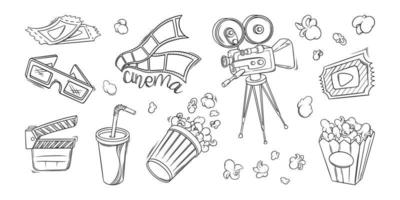 cinema film, telecamera, Popcorn e altro oggetti. cinema impostato nel scarabocchio stile. vettore illustrazione