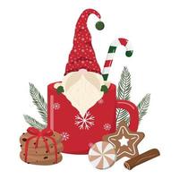 cartone animato Natale gnomo nel un' rosso boccale con Pan di zenzero biscotti, caramella, e abete rami clipart. vettore illustrazione. isolato su bianca sfondo. inverno vacanza design.