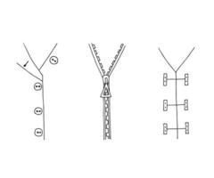 vettore a mano libera disegno, il contorni di il cerniera serratura, chiusura, pulsanti. opzioni per fissaggio Abiti. schizzo impostato per cucire, sarto design.