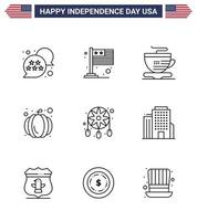 Stati Uniti d'America contento indipendenza pictogram impostato di 9 semplice Linee di occidentale decorazione tè ornamento zucca modificabile Stati Uniti d'America giorno vettore design elementi