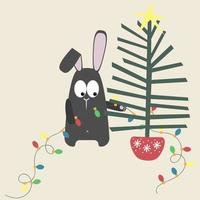 un' nero acqua coniglio decora un' Natale albero con un' ghirlanda. vettore illustrazione di il simbolo di 2023. Cinese calendario