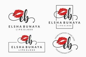 iniziale lettera eb e logo per labbro, bacio, rossetto, trucco vettore design collezione