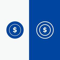dollaro moneta logistica globale linea e glifo solido icona blu bandiera linea e glifo solido icona blu bandiera vettore