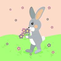 un' coniglio passeggiate su il verde erba con un' mazzo di primavera fiori vettore