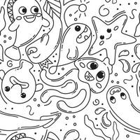disegnato a mano senza soluzione di continuità scarabocchio modello di scarabocchio pesce. fricchettone astratto scarabocchi con divertente creature. pesce, Medusa, stella marina, macchia pesce, anguilla. kawaii nero e bianca vettore modello per stampa.