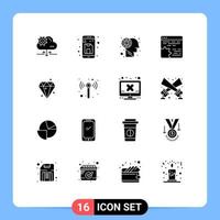 16 solido glifo concetto per siti web mobile e applicazioni diamante ambientazione su ingranaggio api modificabile vettore design elementi