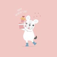 carino e bello mano disegnato carino francese bulldog carlino con regalo e Cupcake e cuore, contento San Valentino giorno, amore concetto, piatto vettore illustrazione cartone animato personaggio costume design