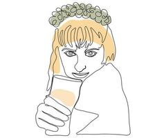 un' ragazza con un' ghirlanda su sua testa e un' bicchiere di birra, disegnato a mano nel uno linea vettore