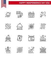 4 ° luglio Stati Uniti d'America contento indipendenza giorno icona simboli gruppo di 16 moderno Linee di torta hot dog cinema americano pipistrello modificabile Stati Uniti d'America giorno vettore design elementi