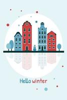 piatto stile carta con inverno paesaggio urbano. su il illustrazione siamo stilizzato case di amsterdam con buio finestre, alberi, un' pupazzo di neve e fiocchi di neve. riflessione di case nel il fiume