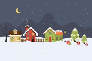 inverno case. piatto impostato di case nel il neve, decorato con ghirlande, un' inverno paesaggio, villaggio, il Luna è nel il cielo, un' stellato cielo, luci siamo su nel il finestre, un' Natale albero con i regali vettore