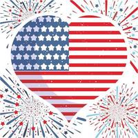 bandiera degli Stati Uniti con forma di cuore e fuochi d'artificio vettore