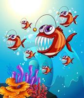 pescatore pesce personaggio dei cartoni animati nella scena subacquea con i coralli vettore