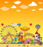 scena del parco di divertimenti di giorno con cielo giallo vuoto vettore