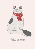 grigio gatto seduta nel rosso sciarpa. inverno illustrazione di carino poco animale per Natale vacanze vettore
