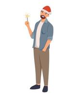 vettore isolato illustrazione di cartone animato in piedi uomo nel un' Natale berretto con sparklers nel mano