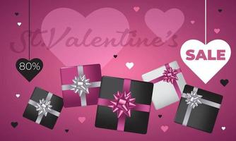 San Valentino giorno vendita manifesto o bandiera con molti dolce cuori, nero e rosa colore regalo scatole su morbido rosa colore sfondo. promozione e shopping modello o per amore e San Valentino giorno. vettore