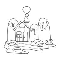 paesaggio con villaggio Casa con rocce e montagne. edificio nel cartone animato stile. linea arte disegno. mano disegnato vettore illustrazione isolato su bianca sfondo.