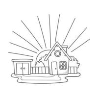 Casa con box auto e Giardino dietro la casa e Alba paesaggio. edificio nel cartone animato stile. linea arte disegno. mano disegnato vettore illustrazione isolato su bianca sfondo.