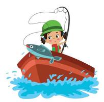 carino ragazzo pesca su barca vettore