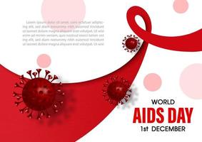 cartello e simbolo di hiv virus nel 3d stile su pavimento nel un' rosso nastro forma con il giorno e nome di evento, esempio testo. mondo AIDS giorno di poster campagna nel 3d stile e vettore design.