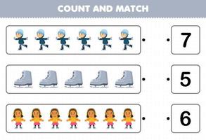 formazione scolastica gioco per bambini contare il numero di carino cartone animato bambini giocare ghiaccio pattinando e incontro con il giusto numeri stampabile inverno foglio di lavoro vettore